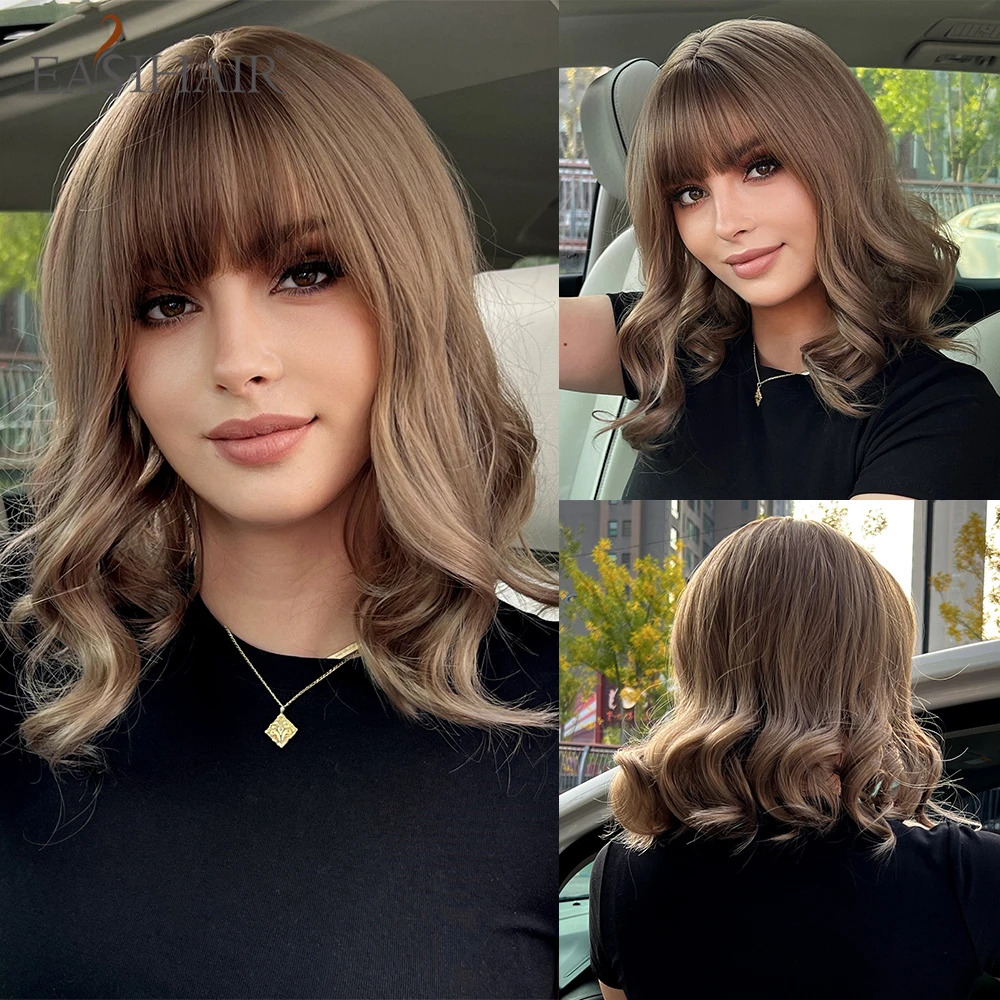 EASIHAIR Ash Brown Blonde Short Wavy Synthetic Wigs with Bangs Natural Bob Ha - £15.90 GBP+