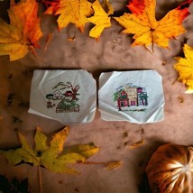 Vintage Completed Farm &amp; Buildings Samplers Crossstitched Set of 2 Unfra... - €14,95 EUR
