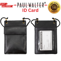 Black Genuine Leather ID Holder Card Name Pouch Neck Strap Wallet - $10.88