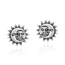 Trendy Moon and Sun Joined in an Eclipse Sterling Silver Stud Earrings - £13.44 GBP