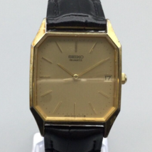 Vintage Seiko Watch Women Gold Tone Octagon Date 6532-5079 Leather New Battery - £39.14 GBP