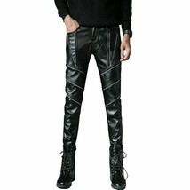 MENS LEATHER LEDER JEANS THIGH FIT PIPING PANTS TROUSERS PARTY RETRO PUN... - £84.08 GBP