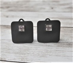 Vintage Clip On Earrings - Black Square Rounded Corners with Clear Gem - £9.69 GBP