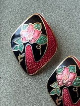 Black &amp; Cranberry Enamel w Flower Goldtone Cloisonne Trapezoid Post Earrings for - £10.22 GBP