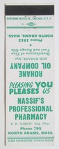 Nassif&#39;s Professional Pharmacy - North Adams, Massachusetts 20FS Matchbook Cover - £1.57 GBP