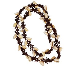 Vintage 70s Cream Cowrie Shell Long Brown Seed Necklace Boho Beach Nautical - £18.61 GBP