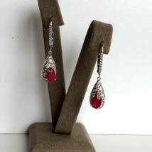 Women&#39;s Drop Earrings 18k White Gold Natural Round Diamonds Pear Rubies Handmade - £2,080.56 GBP
