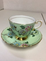 Vintage Tuscan Cup and Saucer, English Fine Bone China - Green Gold Trim Floral - £15.99 GBP