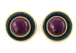 Vintage Burgundy Black Gold Tone Roped Clip On Button Earrings - $21.78