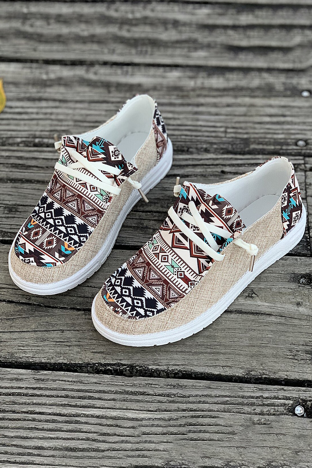 Brown Vintage Aztec Patchwork Lace-up Decor Flat Shoes Item image 4