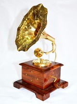 Beautiful old square antique brass wood show piece hand crafted gramophone - $32.26
