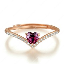 1.50 Ct Heart Cut Natural Garnet &amp; Diamond Wedding Ring V Shape 14K Rose Gold Fn - £66.36 GBP