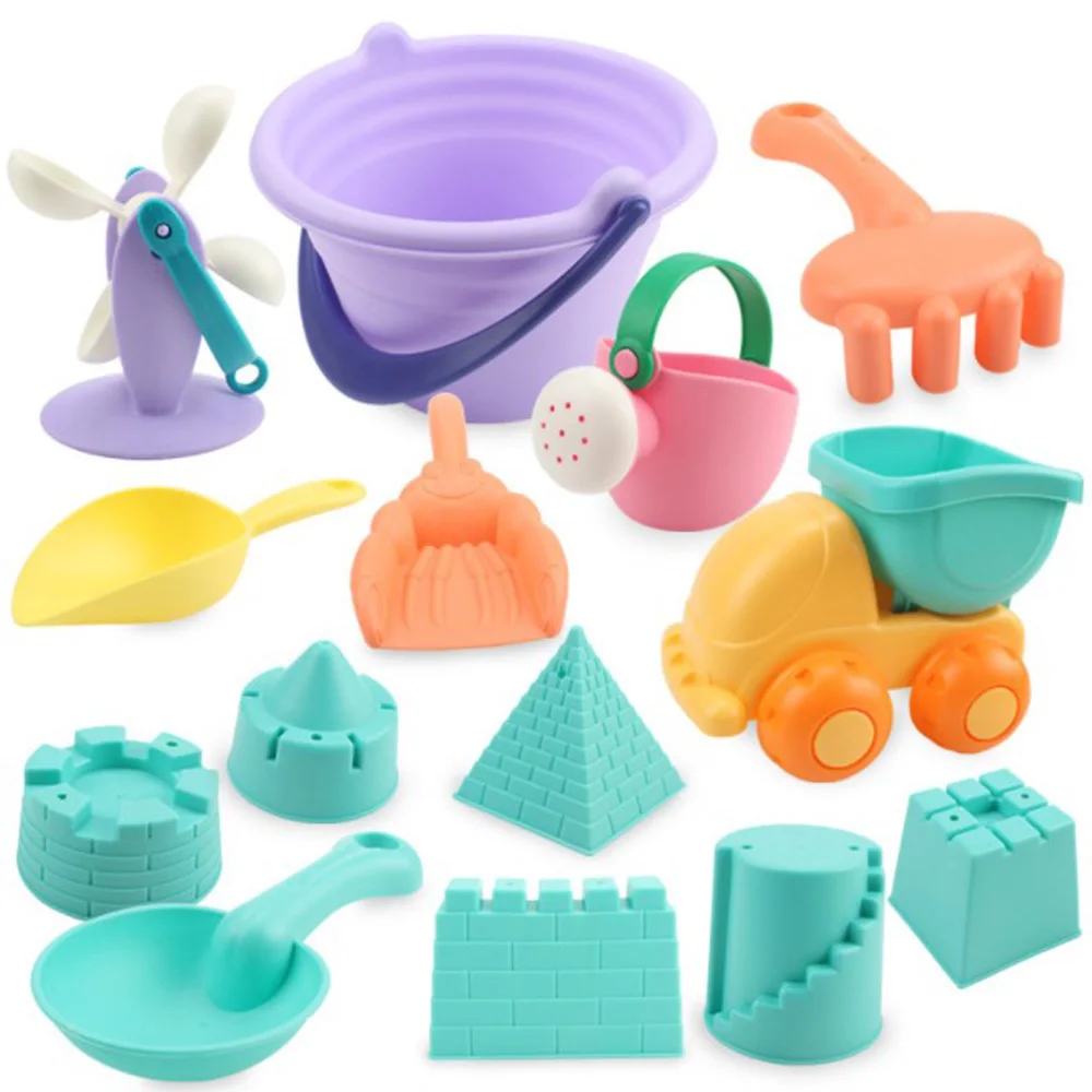 Soft Silicone Beach Toys For Kids SandBox Set Kit Sea Sand Bucket Rake Hourglass - £10.95 GBP+