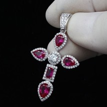 Delicate 2.50Ct Pear Cut Simulated Red Ruby Cross Pendant 14K White Gold Plated - £101.89 GBP