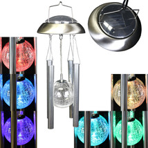 Brushed Aluminum Glass Ball Light Wind Chime Solar Color Changing Outdoo... - £30.36 GBP