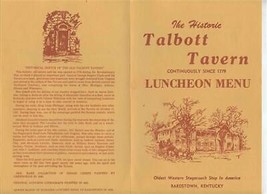 Talbott Tavern Luncheon Menu Bardstown KY 1779 Oldest Western Stagecoach Stop - £43.03 GBP