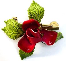 Vintage Enamel Flower Pin Brooch Small Red &amp; Green - £5.59 GBP