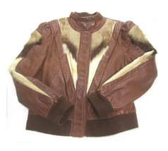 Vintage Genuine Fur Patchwork Brown Leather Bomber Jacket M Brown Women&#39;... - £63.26 GBP