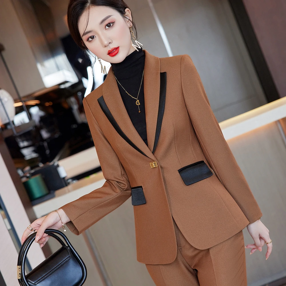   Autumn Winter Formal Ladies Khaki Blazer Women Business Suits with Sets Work W - £125.75 GBP
