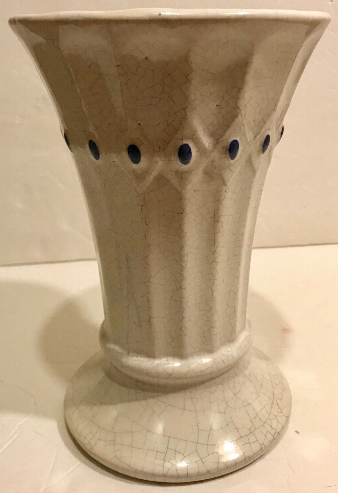 McCoy Cream Vase With Blue Diamond Pattern - 9" Tall - Great for Rustic Decor! - $17.94