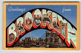 Greetings From Brooklyn New York Large Letter Linen Postcard Curt Teich Vintage - £14.94 GBP
