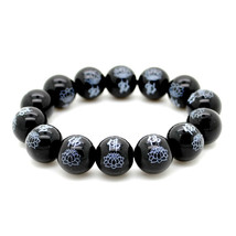 BLACK AGATE WRIST MALA w LOTUS 14mm Buddhist Prayer Bead Stone Stretch B... - €8,70 EUR