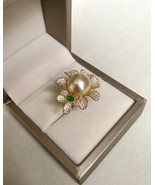 12.3mm Golden South Sea Pearl Ring Majestic Emerald-Green CZ Floral Pavé... - $253.00