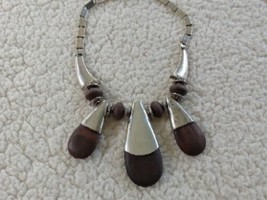 Wood And Silver Tone Collar Egyptian Revival Statement Necklace 16-19&quot; - £22.39 GBP