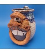 Face Mustache Coffee Cup Mug Big Teeth Smile 3D Hat Stoneware Pottery Blue - $999.81 MXN
