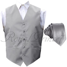 New Men Silver Gray Solid Tuxedo Suit Vest Waistcoat And Necktie Wedding Party - £16.91 GBP+