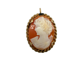 Vintage 12K Gold Filled Circa 1950 Oval Coiled Carved Shell Cameo Pendant Brooch - $64.35