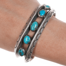 6.75&quot; c1950&#39;s Bisbee Turquoise Navajo stamped silver row cuff bracelet - $895.95