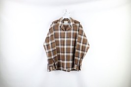 Vintage 50s Rockabilly Mens Medium Looped Collar Button Shirt Brown Plaid USA - £85.83 GBP