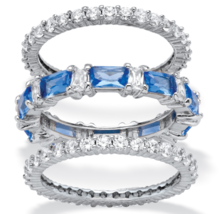 Round Blue Sapphire Baguette 3 Piece Ring Platinum Sterling Silver 6 7 8 9 10 - £160.63 GBP