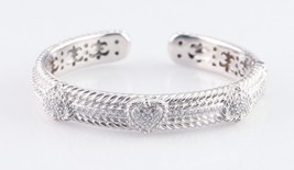 Judith Ripka Sterling Silver Hinged Cuff CZ Heart and Accent Bracelet Gorgeous! - $308.73