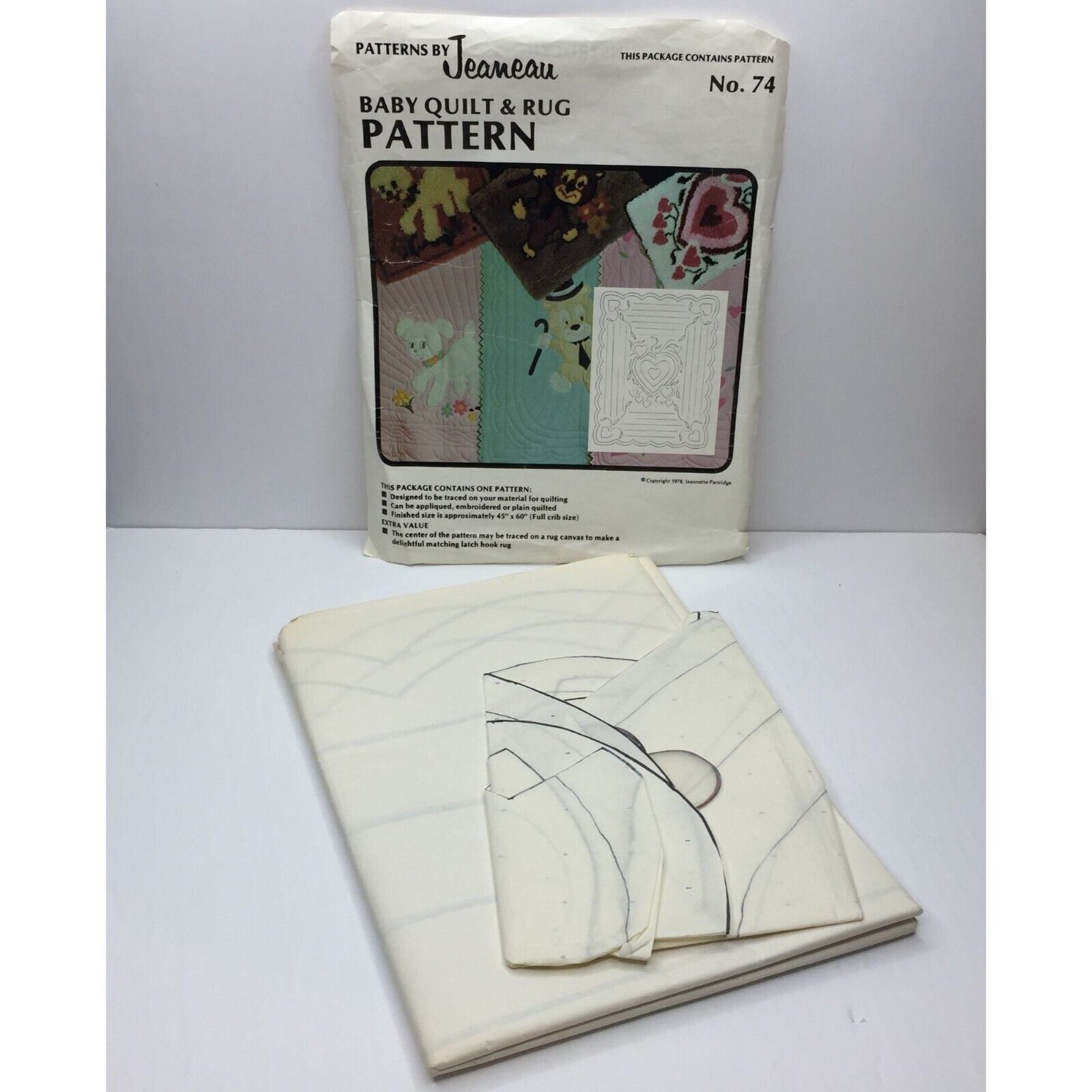 Primary image for Vtg Patterns by Jeaneau Baby Quilt & Rug Pattern No 74 Embroidery Hearts Leaves