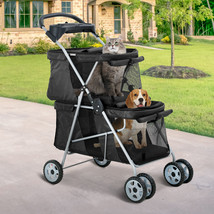 Double 4 Wheels Pet Stroller Cat Dog Cage Stroller Walk Travel Folding Carrier - £135.08 GBP