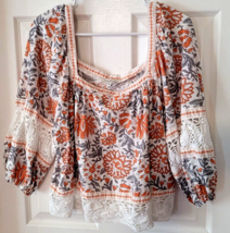 Rachel Zoe Boho Medium Linen Crochet Orange Floral Crop Rayon Oversized Square - £17.82 GBP