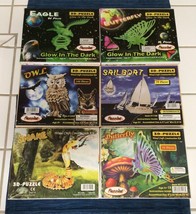 Lot of 5 Wood Puzzle 3D Kits Glow in Dark Eagle Snake Owl Butterfly Sailboat - £26.71 GBP