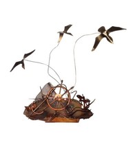 Copper Nautical Scene Musical Sculpture Vtg Rotating Bird Fish Coastal H... - $28.49