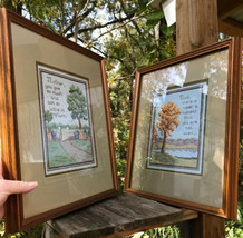 Mother &amp; Father&#39;s Love Trees Pr. Completed Needlepoint Samplers Framed 15&quot; X 17&quot; - £113.49 GBP