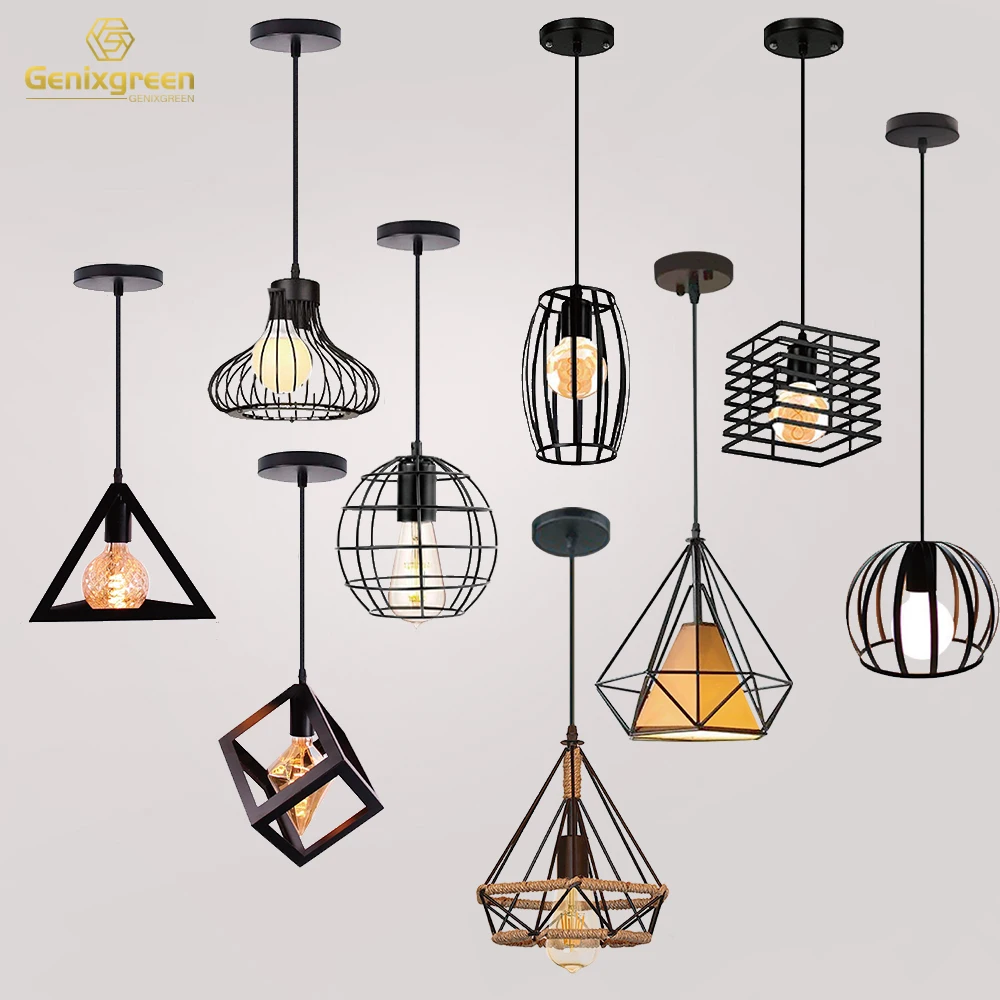 Ght nordic black metal cage lighting fixtures iron loft cage kitchen vintage adjustable thumb200