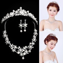 Elegant  Rhinestone Pearl Flower Earring Necklace Crown Set Bride Tiaras Diadem  - £18.82 GBP