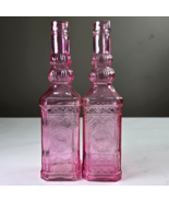 2 Vintage Pink Glass Collectible Bottle With Embossed Designs 11.75&quot; Fan... - £30.79 GBP