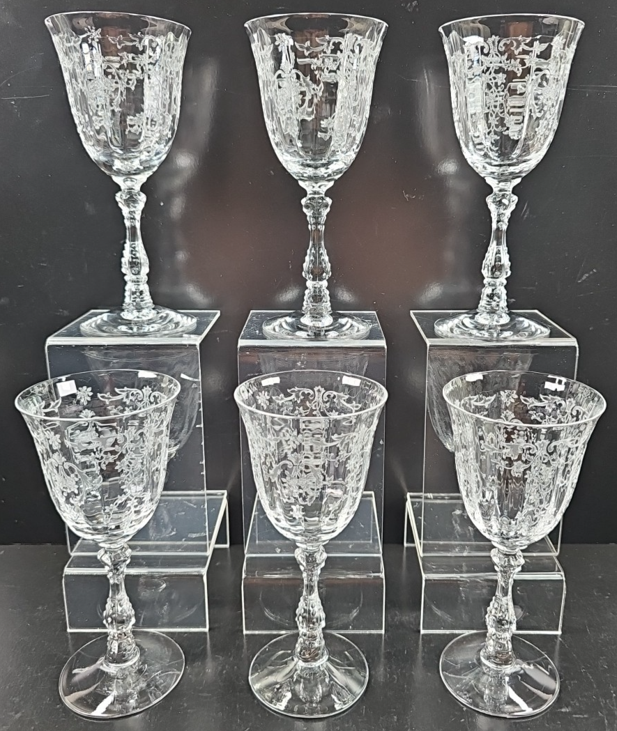 6) Fostoria Navarre Clear Claret Wine Glasses Set Floral Etch Optic Stem... - $128.37