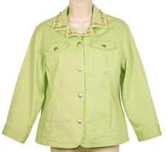 Hearts of Palm Womens Twill Jean Jacket 6 Gold Beaded Spring Green Button Front - £15.89 GBP