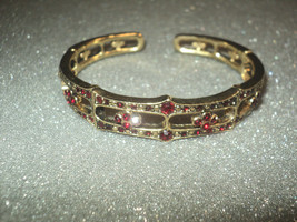 Monet Gold-Toned Hinged Cuff Bracelet with Dark Red Crystals 8&quot; Around - £16.17 GBP