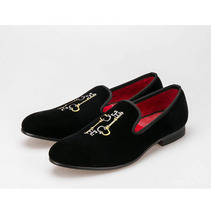 Key Embroidery Black Velvet Pull On, Men Handcrafted Formal Loafer Party Shoes, - £119.87 GBP