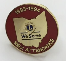 Lions Club 100% Attendance 1993 - 1994 Enamel Lapel Pin Gold Tone &amp; Red ... - £6.16 GBP