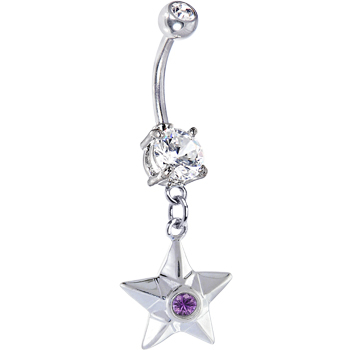 Primary image for New Handcrafted Sterling Silver Star Dangle Belly Ring with Amethyst Colored CZ 